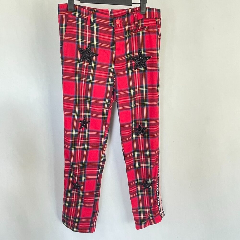 HISTORY REPEATS Red Plaid Pants Black Beaded Stars  Red White & Blue Side Stripe